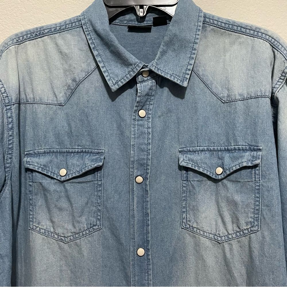 Livergy Men’s Denim Shirt w/ Pearl Snaps Ombré Coloring 100% Cotton Size XL